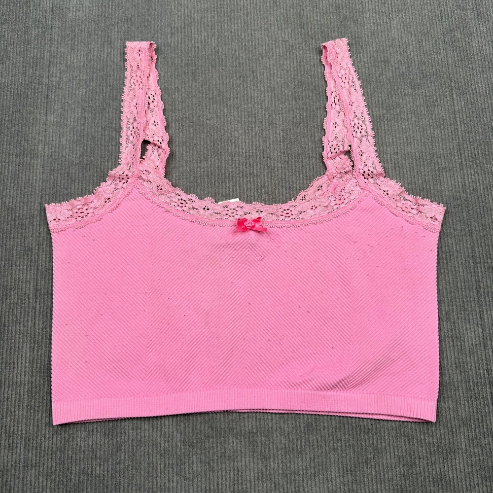 Forever 21 Pink Ribbed Lace Trim Cropped Cami Tank Top Large Y2k